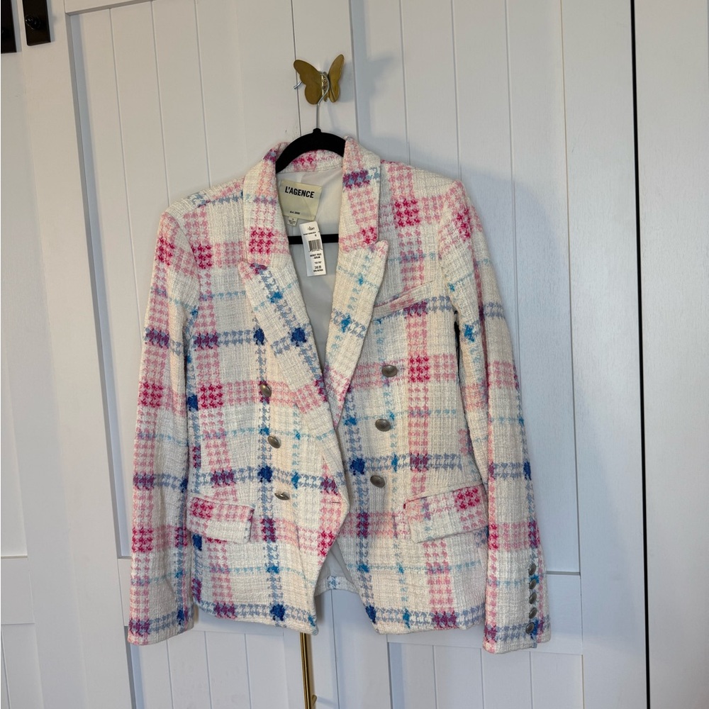 L'AGENCE Multicolor pink white Plaid tweed Blazer